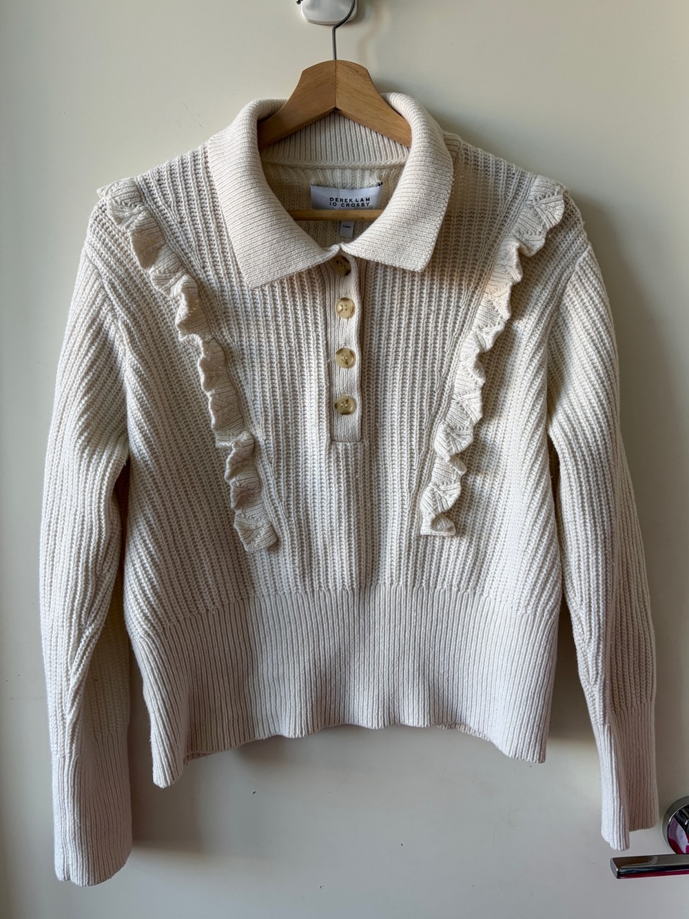 Derek Lam 10 Crosby Noelia Collared Ruffle Wool Cotton Sweater Ivory